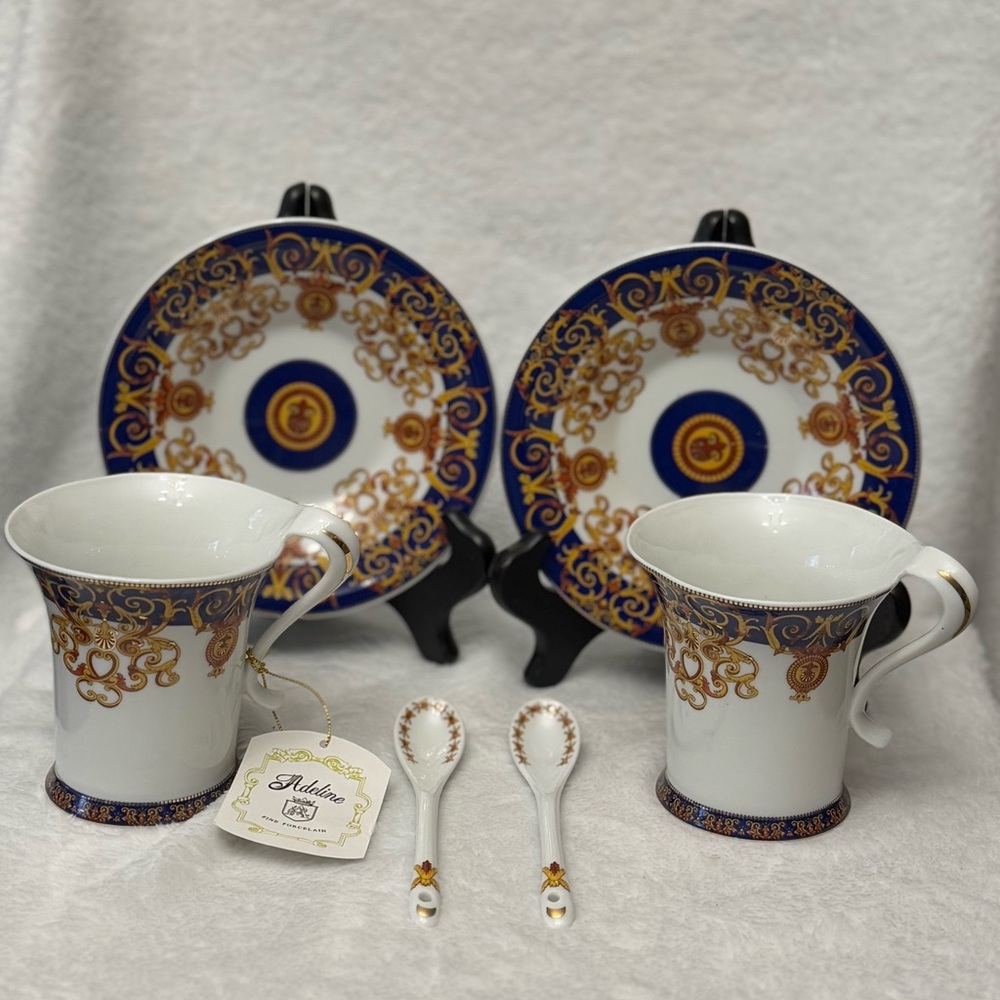 Adeline Handcrafted Fine Porcelain set 2 plates 2 teacups spoons 100% handmade